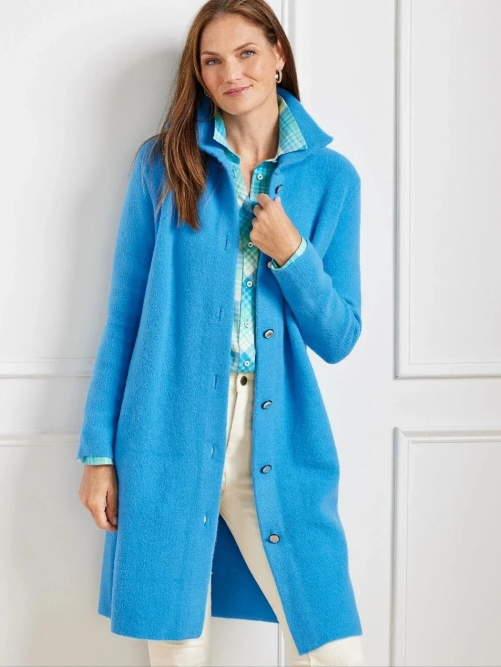 Talbots Coatigan Womens Petite Small Blue Cardigan Long Knit Button Stand Collar